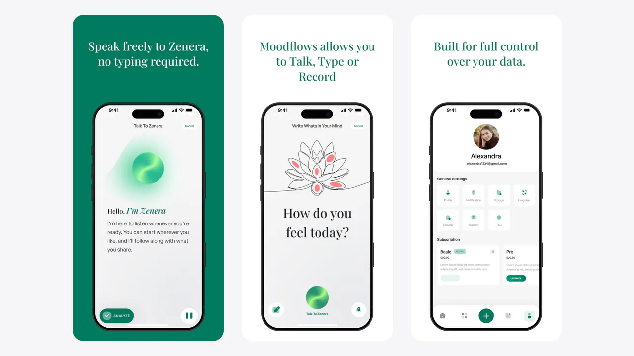 Moodflows screens: talking to Zenera, choosing to talk, type or record, and the settings screen with storage and security options